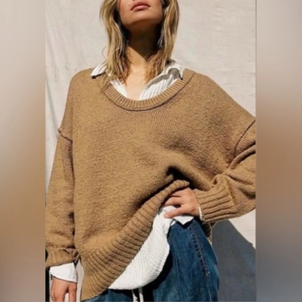 Free People Brookside Boho Soft Oversized Scoopneck Tunic Sweater Desert Camel M